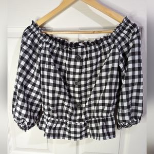 H&M Divided black white gingham off shoulder top size 8 NWT